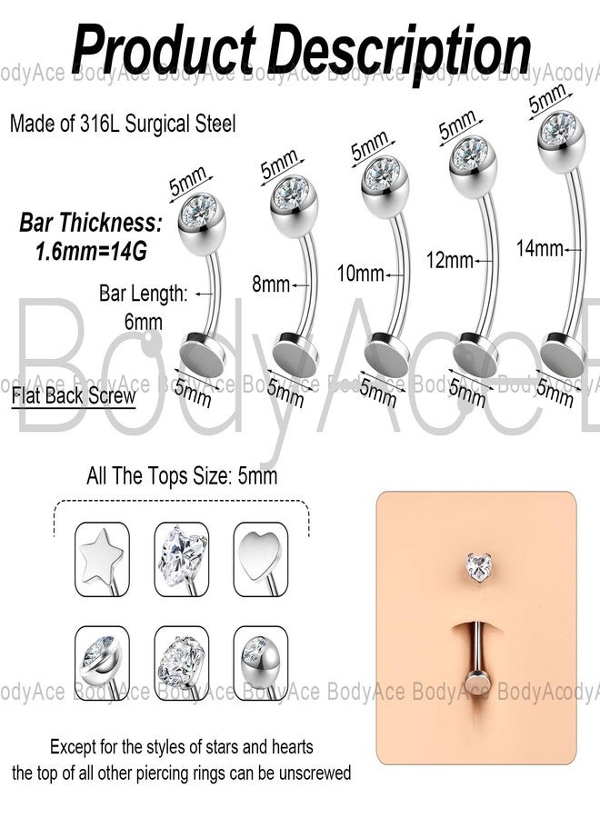 BodyAce 14G Floating Belly Button Rings Surgical Steel Curved Navel Ring Cubic Zirconia Long Bars Internally Threaded Flat Back Piercing Barbells 6/8/10/12/14MM [1.6mm=14G,BL:6mm] - Image 2
